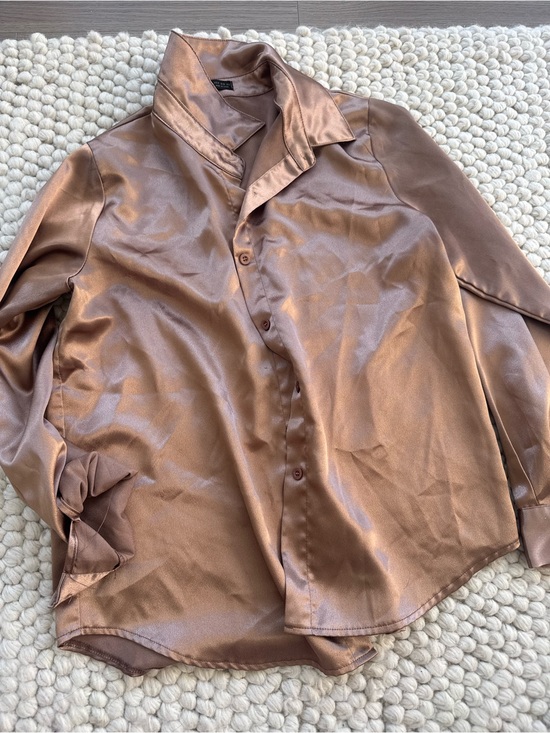 SHEIN Tops - SHEIN Bronze Satin Button-Down Shirt for Women